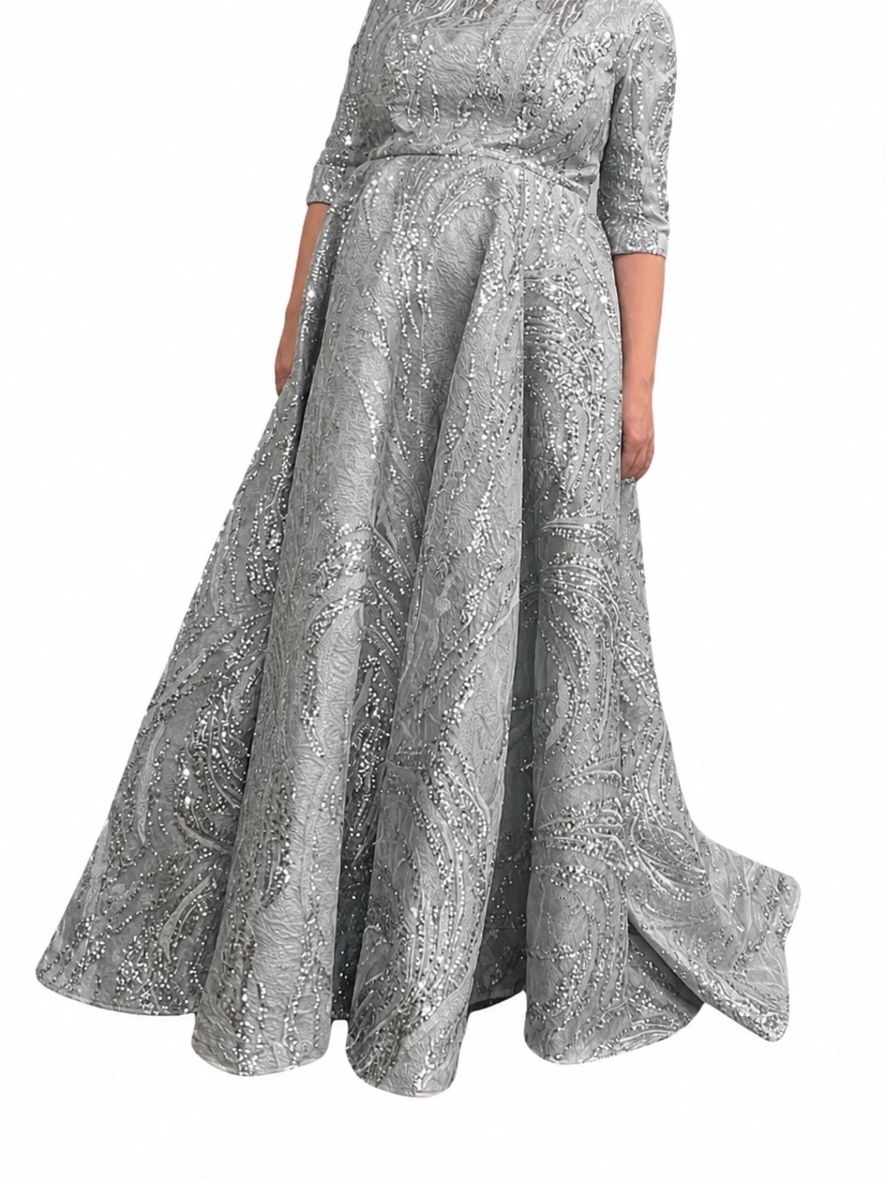 Silver Embellished A-Line Wedding Dress with Three-Quarter Sleeves